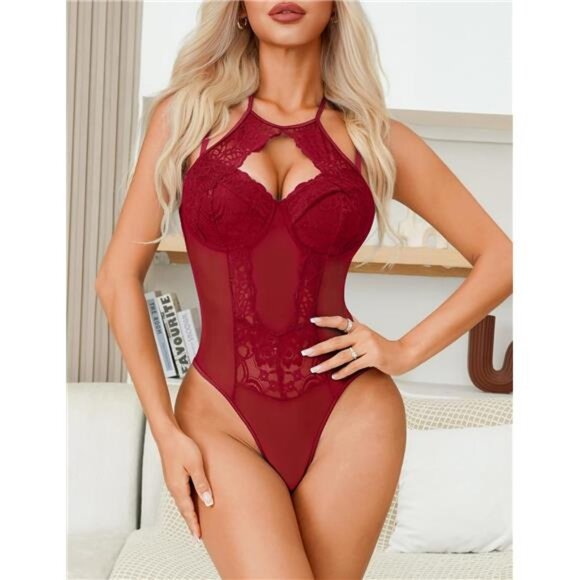 Women Teddy Lingerie Sexy Snap Crotch Lace Bodysuit Red - Picture 6 of 6